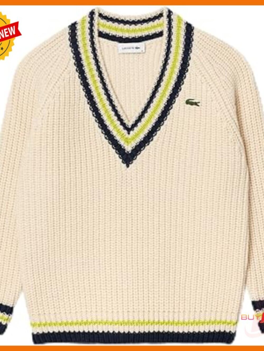 V-Neck Pullover Sweater with Striped Cuffs, Heavy Gauge Knit